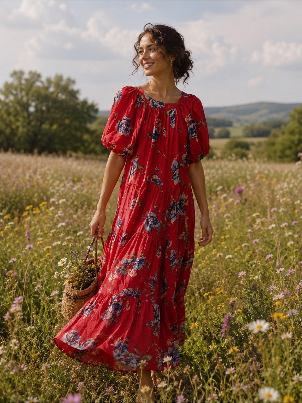 THE GREAT. red and pink floral button-front dress